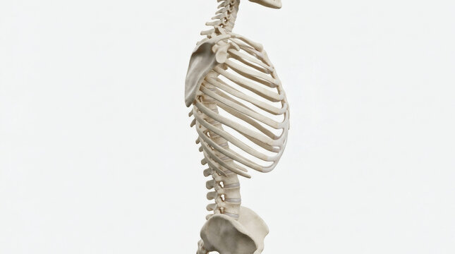 Human skeleton model showing rib cage and spine against white background