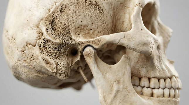 Human skull anatomy close up showing jaw joint and spongy bone structure