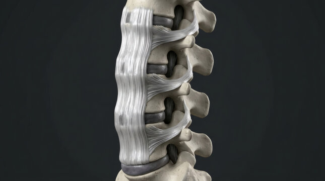 Human spine anatomy model showing vertebrae discs and ligaments