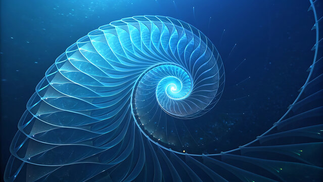 Abstract deep blue glowing nautilus spiral structure