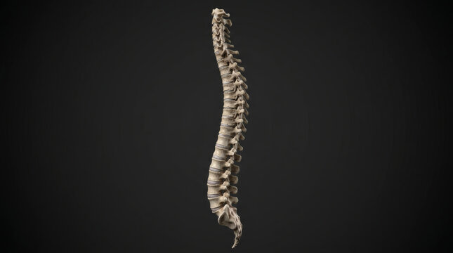 Human spine vertebral column lateral view anatomy render on dark background