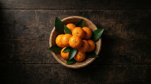 Stilllife image of jeruk Santang or Shantang Orange with leaves placed in a rattan basket on a wooden table