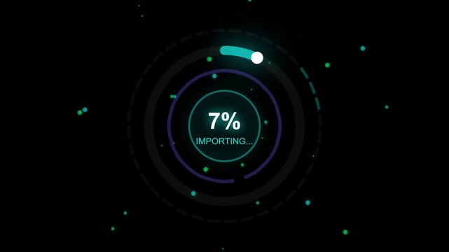 Futuristic digital importing progress bar, circular HUD loading interface with percentage, neon tech data transfer animation