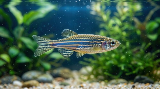 Close up of zebrafish swimming in a clear aquarium