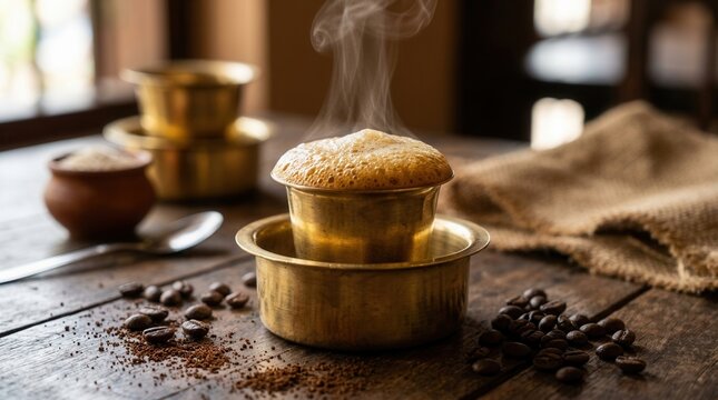 Hot South Indian filter coffee served in a classic brass vessel