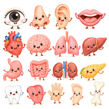 Cute watercolor illustration of human body parts and internal organs designed as friendly cartoon characters.