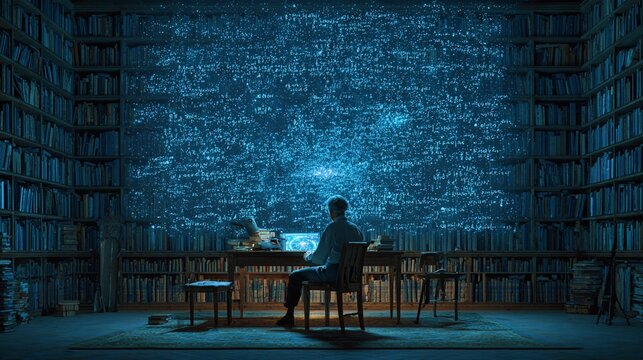 A theoretical physicist immersed in deep thought sits alone in a dimly lit study surrounded by shelves of old books, gazing at a mesmerizing projection of glowing stars and equations on the wall, evok