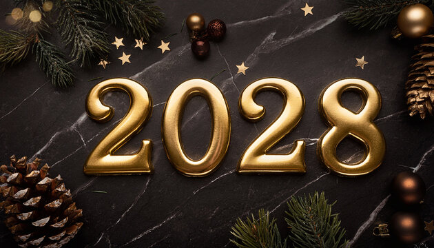 Elegant gold numbers 2028 on a black marble background with festive pine branches pinecones and star confetti for a luxury New Year celebration.