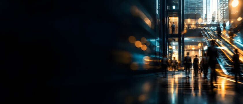 Low angle shot of corporate business executives commuting inside luxury office atrium hall with glass elevators, premium career growth and financial success strategy background with wide copy space