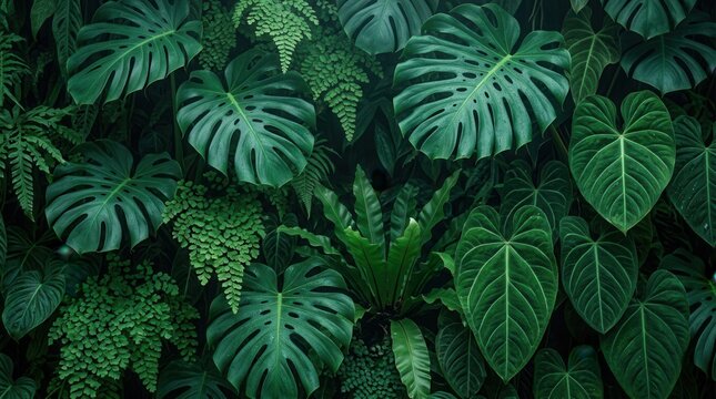 A beautiful green plant wall design in a cloud forest featuring dark green plants and lush foliage.