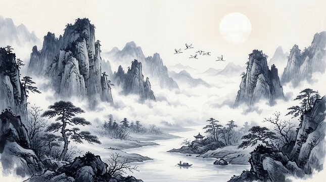 An elegant landscape depiction of misty mountains and a winding river in Chinese ink painting art