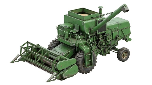 A green vintage combine harvester machine isolated on a clean white studio background for agriculture