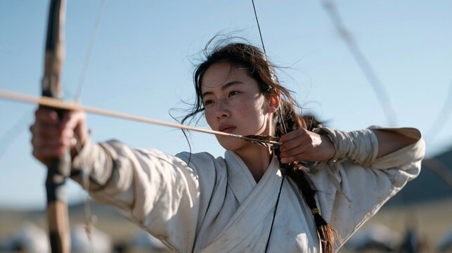 Mongolian female archer competing at traditional festival, drawing composite bow in deel garment, distant target on grassland, nomadic archery competition, cultural heritage