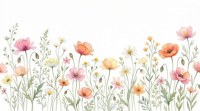 Watercolor floral border with pink and orange wild flowers plants and foliage on white backdrop