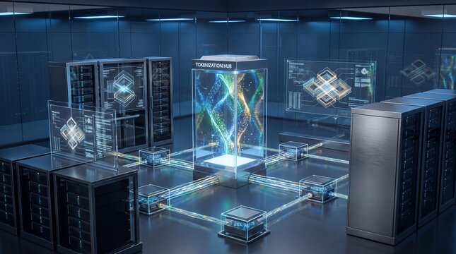 A central data processing hub with glowing light connections surrounded by server racks in room with patterns connected multiple transparent data conduits