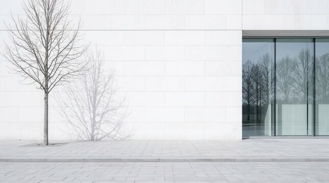Contemporary city building with tall white walls beside a bare sidewalk covered in gray stones during spring with copyspace for text