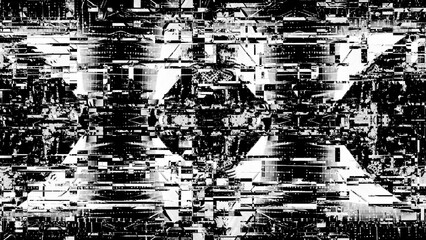 Fototapeta premium CPUのような白黒の幾何学的な四角とピクセルで構成されたグリッチノイズ素材