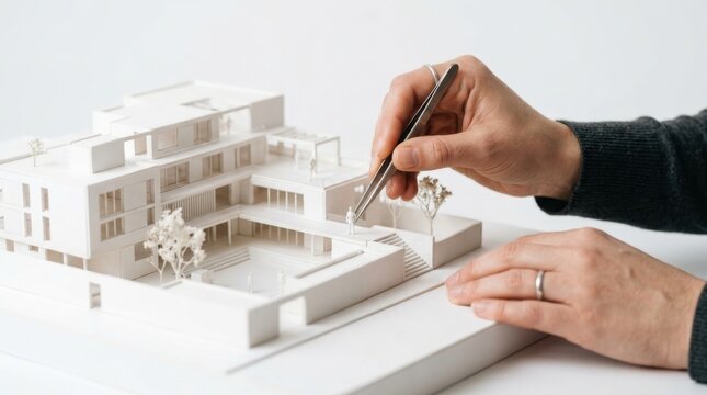 Architect carefully refining a complex white architectural prototype featuring several levels and outdoor courtyards with precision tools.