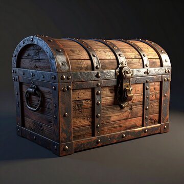 An antique wooden treasure chest with iron metal straps and a rustic latch isolated on a dark background for adventure and mystery concepts.