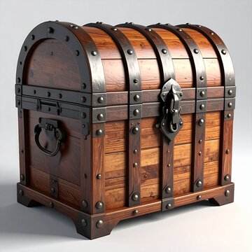 A vintage wooden treasure chest with iron bands and metal latches isolated on a white background perfect for fantasy or adventure concepts.