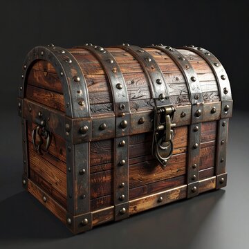A rustic vintage wooden chest with ornate dark metal fittings and a sturdy latch isolated on a clean dark background for conceptual design.