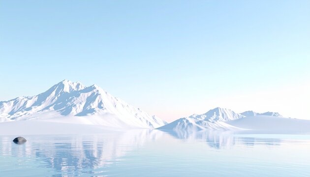 A breathtaking serene landscape featuring majestic snow covered mountain peaks reflecting perfectly in the calm clear water of a quiet frozen lake.