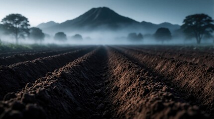 Fototapeta premium Furrowed dark soil with misty mountains and trees behind. A fertile agricultural field awaits planting. Peaceful natural landscape at dawn with morning fog over the land.