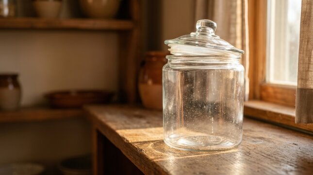 An empty clear glass storage jar with a lid resting on a rustic wooden kitchen windowsill bathed in warm natural afternoon sunlight for a cozy farmhouse home interior design concept