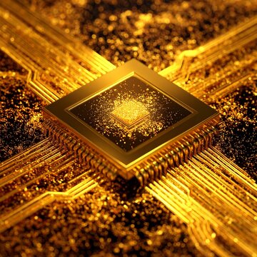 A high resolution close up macro shot of a golden microchip processor illustrating advanced computing technology and digital innovation concept.