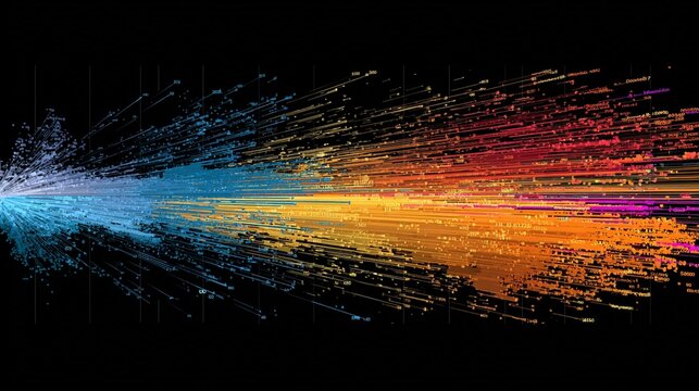 Dynamic timeline visualization showcasing expected delivery dates with colorful data points radiating outward in vibrant shades of blue, orange, and red against a sleek black background, conveying a s