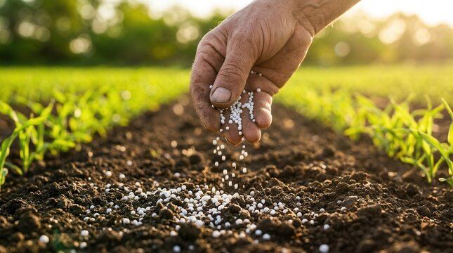 Farmer applying nitrogen phosphorus potassium fertilizer to rich dark soil in a vibrant green arable field during golden hour sunlight with ample copyspace.