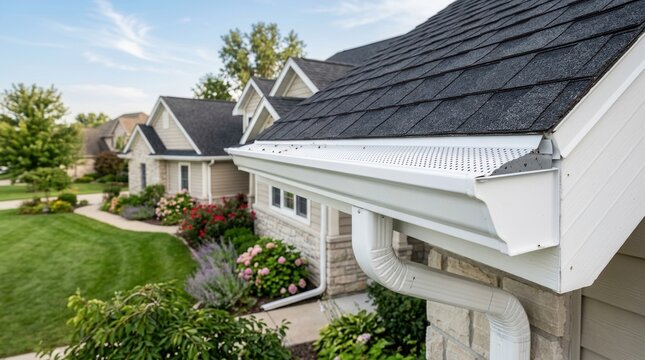 White gutter guard system protecting gutters on a luxury American single family home exterior