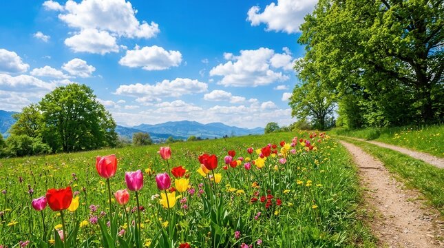 Vibrant springtime meadow scene in Zollikon, Zurich featuring wildflowers and greenery for Earth Day.