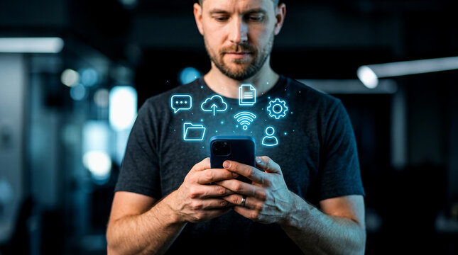 A focused man using a smartphone with glowing digital icons representing cloud computing, data management, and connectivity floating above the device in a modern office setting