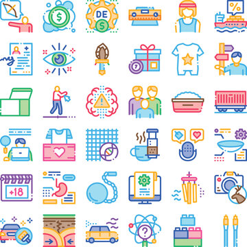 Set of colorful outline icons representing various concepts across business, finance, technology, lifestyle, and social themes in a modern design style