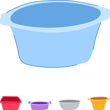 Collection of colorful plastic basins and tubs in red, purple, gray, yellow and blue for laundry, washing and household chores, stacked on a white background for domestic use