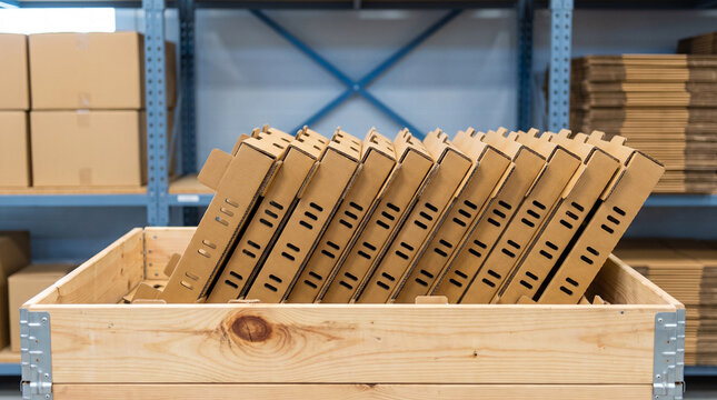 Flat-pack cardboard boxes standing upright in a wooden crate on blue metal shelving in a warehouse