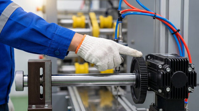 Factory worker in gloves points at a gear and shaft assembly on an industrial motor machine in a facility