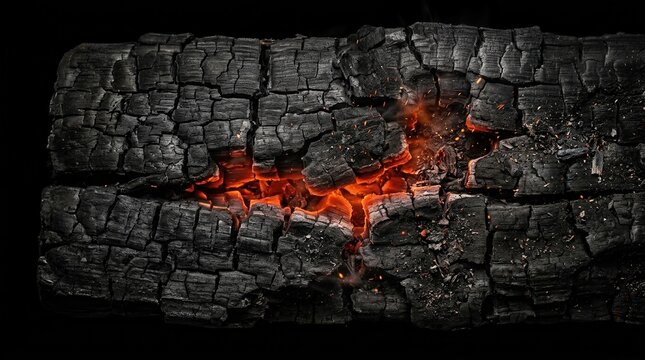 Grunge aesthetic burned wood surface texture with charcoal details against a black background