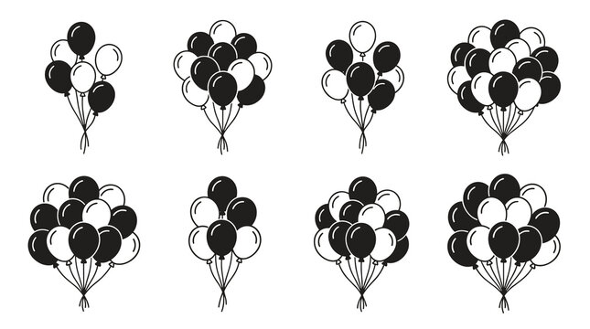 Collection of black and white balloon arrangements with varied clusters and string configurations for celebratory decor
