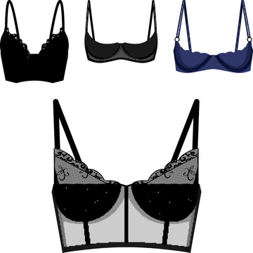 Collection of women's lace lingerie flat sketches and technical outlines for bras, bralettes, corsets and underwearversatile templates for intimate apparel design and fashion collections