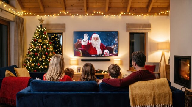 Family gathers to watch santa claus on television during a cozy christmas evening at home