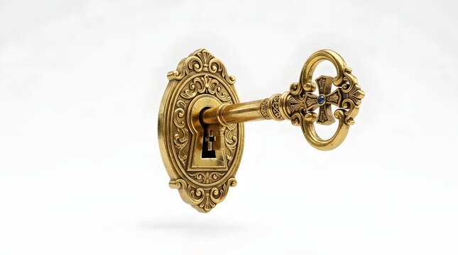 Elegant Ornate Gold Key with Decorative Keyhole Plate