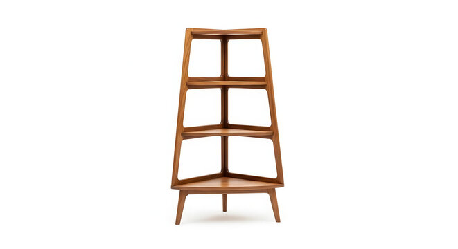 Wooden corner shelf unit with three tiers isolated on a plain white background