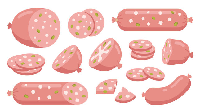 Set of cured salami and sausage slices with herbs, deli meat products for menu design, culinary icons, food illustration for cookbook