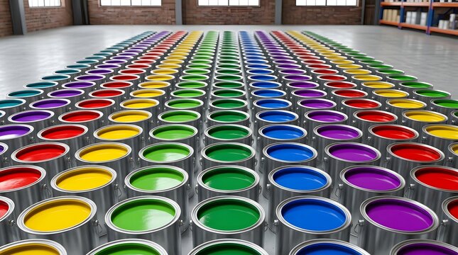 Colorful Paint Cans Array in Industrial Warehouse