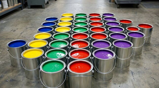 Vibrant Multicolor Paint Tins Arranged in a Grid on Concrete Floor