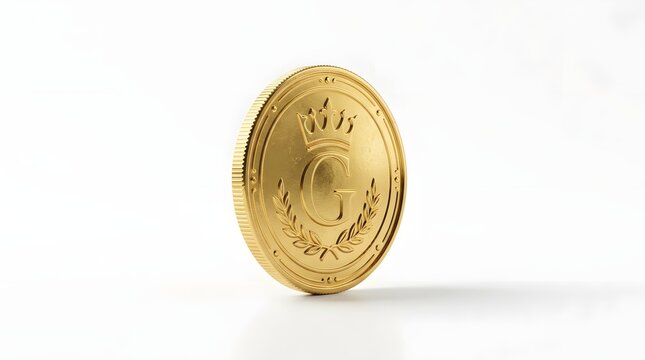 Gold Coin with Crown Crest Standing on White Surface