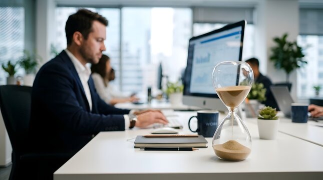 Professional Office Scene with Hourglass and Desks