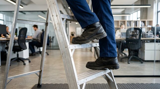 Professional Worker Climbing Metal Ladder in Modern Office